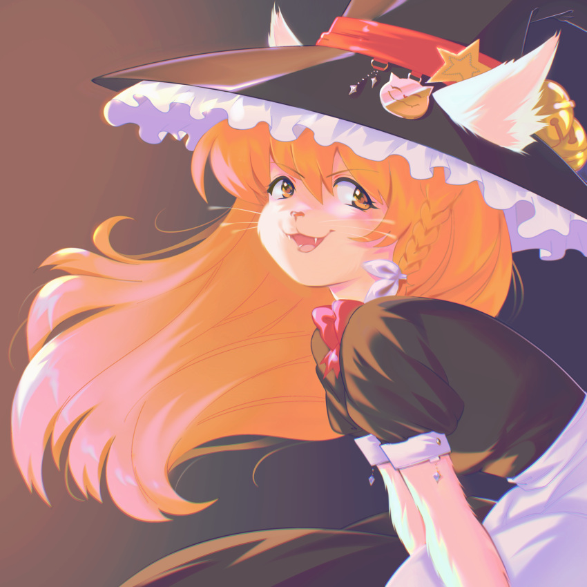 1:1 absurd_res anthro blonde_hair clothed clothing digital_media_(artwork) domestic_cat fangs felid feline felis female fur hair hat headgear headwear hi_res long_hair looking_at_viewer maid_uniform mammal marisa_kirisame open_mouth ribbons smile solo touhou uniform video_games weedymeadowfawn whiskers witch_hat