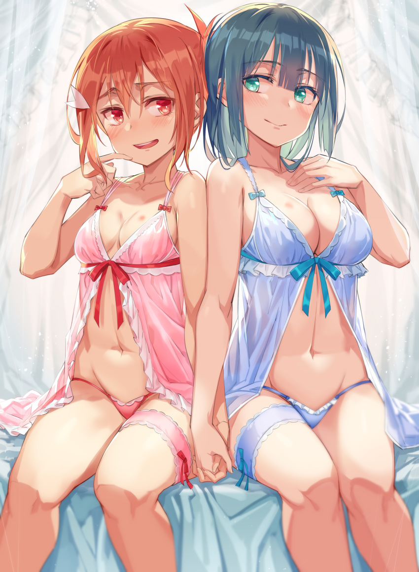 2girls absurdres aqua_eyes babydoll bangs bare_shoulders bedroom black_hair blue_bow blue_panties blunt_ends blush bow breasts cleavage closed_mouth collarbone cowboy_shot crossed_bangs curtains eyebrows_visible_through_hair feet_out_of_frame finger_to_own_chin groin hair_between_eyes hair_ornament hand_on_own_chest highres holding_hands indoors large_breasts lingerie long_hair looking_at_another medium_breasts michairu midriff multiple_girls navel negligee on_bed open_clothes open_mouth panties ponytail red_bow red_panties short_hair single_garter sitting sitting_on_bed smile stomach tougou_mimori underwear underwear_only yuri yuuki_yuuna yuuki_yuuna_wa_yuusha_de_aru yuusha_de_aru