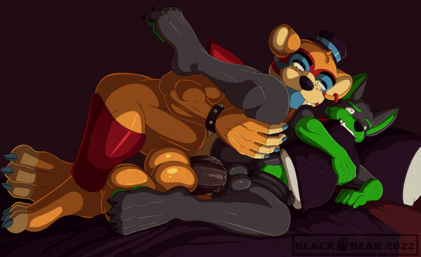 anal anal_penetration animatronic anthro bed big_penis bite black_body black_fur black_nose black_penis blackbear blue_nails bracelet brown_body brown_fur canid canine canis circumcised clothing colored_nails derek duo five_nights_at_freddy's five_nights_at_freddy's:_security_breach fox fur furniture genitals glamrock_freddy_(fnaf) green_body green_fur hat headgear headwear hybrid jewelry lying machine male male/male mammal muscular muscular_male nails on_side penetration penis pillow pillow_bite raised_leg robot scared scottgames size_difference smile smirk spread_legs spreading top_hat unease ursid video_games wolf