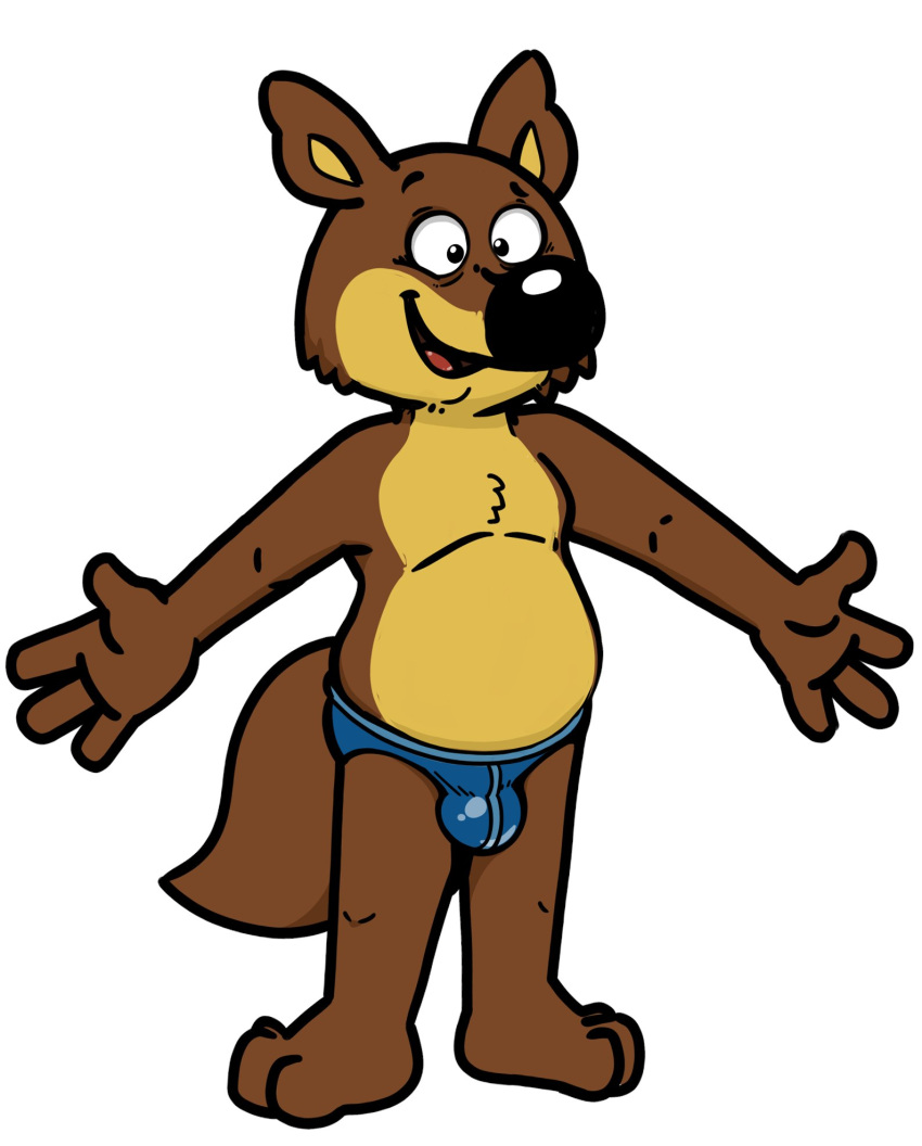 2022 anthro black_nose brown_body bulge canid canine clothing hi_res humanoid_hands male mammal neenya simple_background solo speedo swimwear white_background