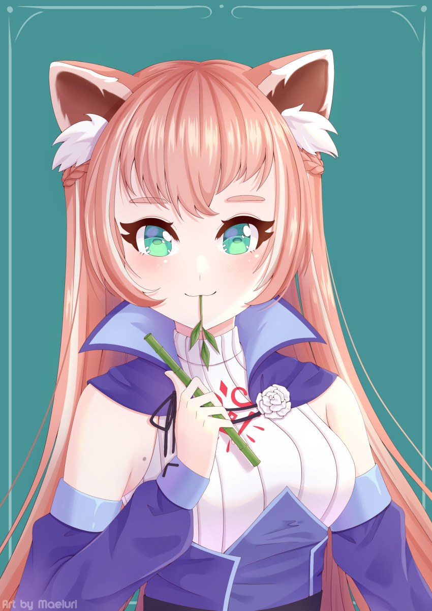 1girl absurdres animal_ear_fluff animal_ears bamboo bare_arms birthmark chest_tattoo closed_mouth crest eyebrows_visible_through_hair green_eyes groin hair_between_eyes highres indie_virtual_youtuber long_hair maeluriart red_panda_ears red_panda_girl tattoo yuria_of_ailurus