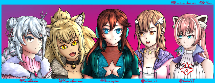 5girls absurdres animal_ear_fluff animal_ears bamboo braid breasts character_request crest highres kuro_brokenpen multiple_girls nitori_harukawa red_panda_girl seru_kisen stratogeist tiger_ears virtual_youtuber yumayamano yuria_of_ailurus