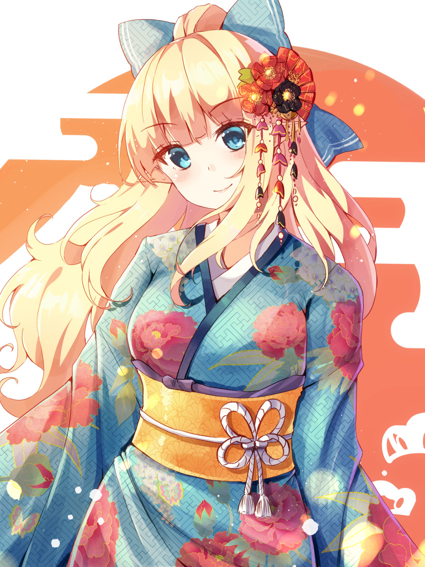 1girl absurdres bangs blonde_hair blue_bow blue_eyes blue_kimono bow breasts closed_mouth egasumi eyebrows_visible_through_hair floral_print flower hair_bow hair_bun hair_flower hair_ornament head_tilt highres holmemee japanese_clothes kimono long_hair long_sleeves looking_at_viewer medium_breasts obi princess_connect! print_kimono red_flower saren_(princess_connect!) sash smile solo very_long_hair