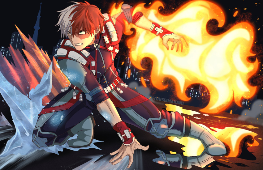 1boy absurdres angry bangs belt blue_eyes bodysuit boku_no_hero_academia boots burn_scar cityscape clenched_teeth costume fighting_stance fire gauntlets hair_between_eyes heterochromia highres ice long_bangs male_focus multicolored_hair night puddle red_hair reflective_floor scar scar_on_face short_hair smile solo special_moves split-color_hair teeth todoroki_shouto twitter_username two-tone_hair utility_belt white_hair youseimanami