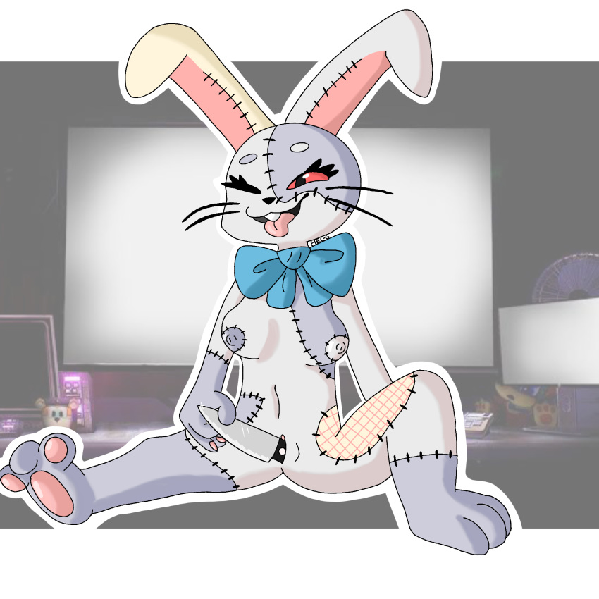 anthro bow_ribbon buckteeth clitoris digital_media_(artwork) facial_markings female female_focus five_nights_at_freddy's five_nights_at_freddy's:_security_breach fur genitals grey_body grey_fur grey_nipples handle head_markings heca_g hi_res knife knife_play lagomorph leporid looking_pleasured mammal markings masturbation nipples nude office one_eye_closed patch_(marking) pawpads paws penetration pinup pose pussy rabbit red_eyes ribbons scottgames shaded simple_background simple_shading sitting solo solo_focus stitch_(disambiguation) teeth tongue tongue_out vaginal vaginal_penetration vanny_(fnaf) video_games whiskers