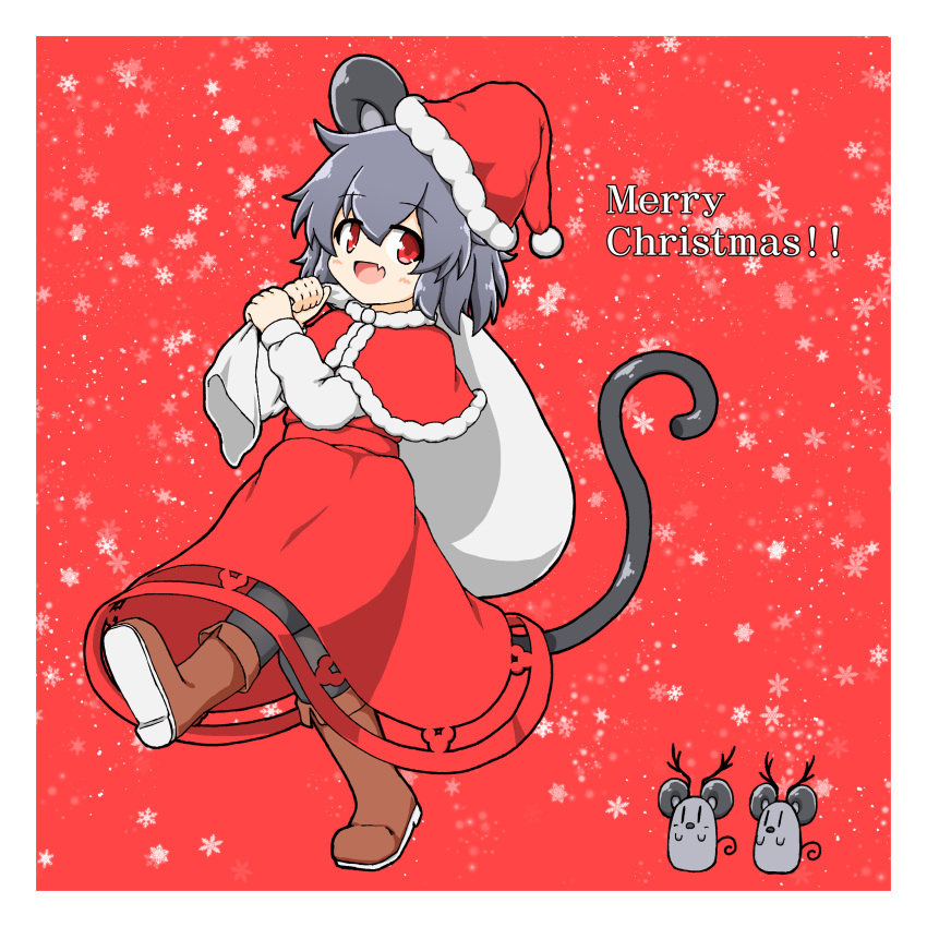 1girl absurdres animal_ears antlers bangs black_legwear blush boots border brown_footwear capelet commentary_request dress eyebrows_visible_through_hair fang full_body grey_hair hat highres holding holding_sack liner41 looking_at_viewer merry_christmas mouse mouse_ears mouse_girl mouse_tail nazrin open_mouth pantyhose red_capelet red_dress red_eyes sack santa_hat short_hair skin_fang smile snowflake_background solo tail touhou walking white_border
