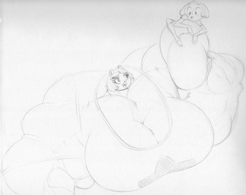 anthro big_muscles breasts cartoon_network domestic_cat duo elephant elephantid eyebrows eyelashes fangs felid feline felis female hair huge_muscles hyper hyper_muscles larger_female male mammal monochrome muscular muscular_female open_mouth oscar_(sci) proboscidean sbshouseofpancakes short_hair size_difference sketch smaller_male summer_camp_island susie_(sci) thick_eyebrows traditional_media_(artwork) young