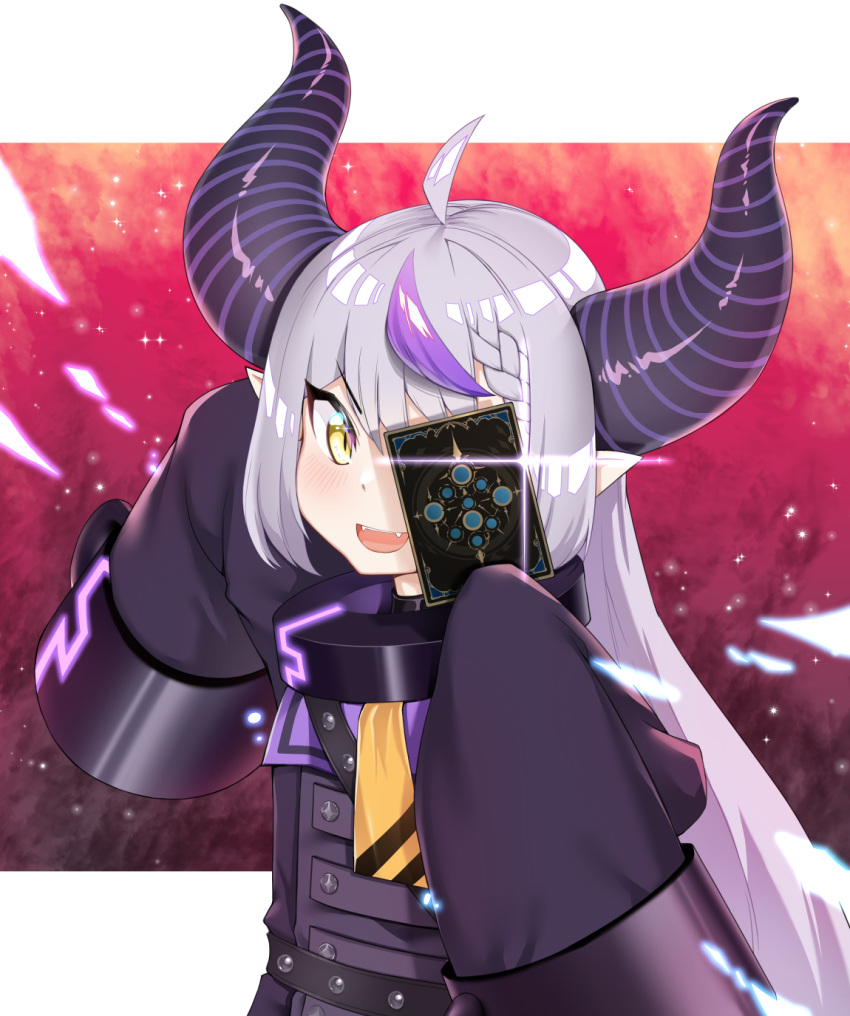 1girl :d ahoge black_horns braid braided_bangs card collar demon_girl demon_horns eyebrows_visible_through_hair fangs hatsuitsumo highres holding holding_card hololive horns huge_horns la+_darknesss long_hair looking_at_viewer open_mouth pointy_ears purple_hair purple_horns shadowverse silver_hair sleeves_past_fingers sleeves_past_wrists smile solo striped_horns v-shaped_eyebrows very_long_hair virtual_youtuber yellow_eyes