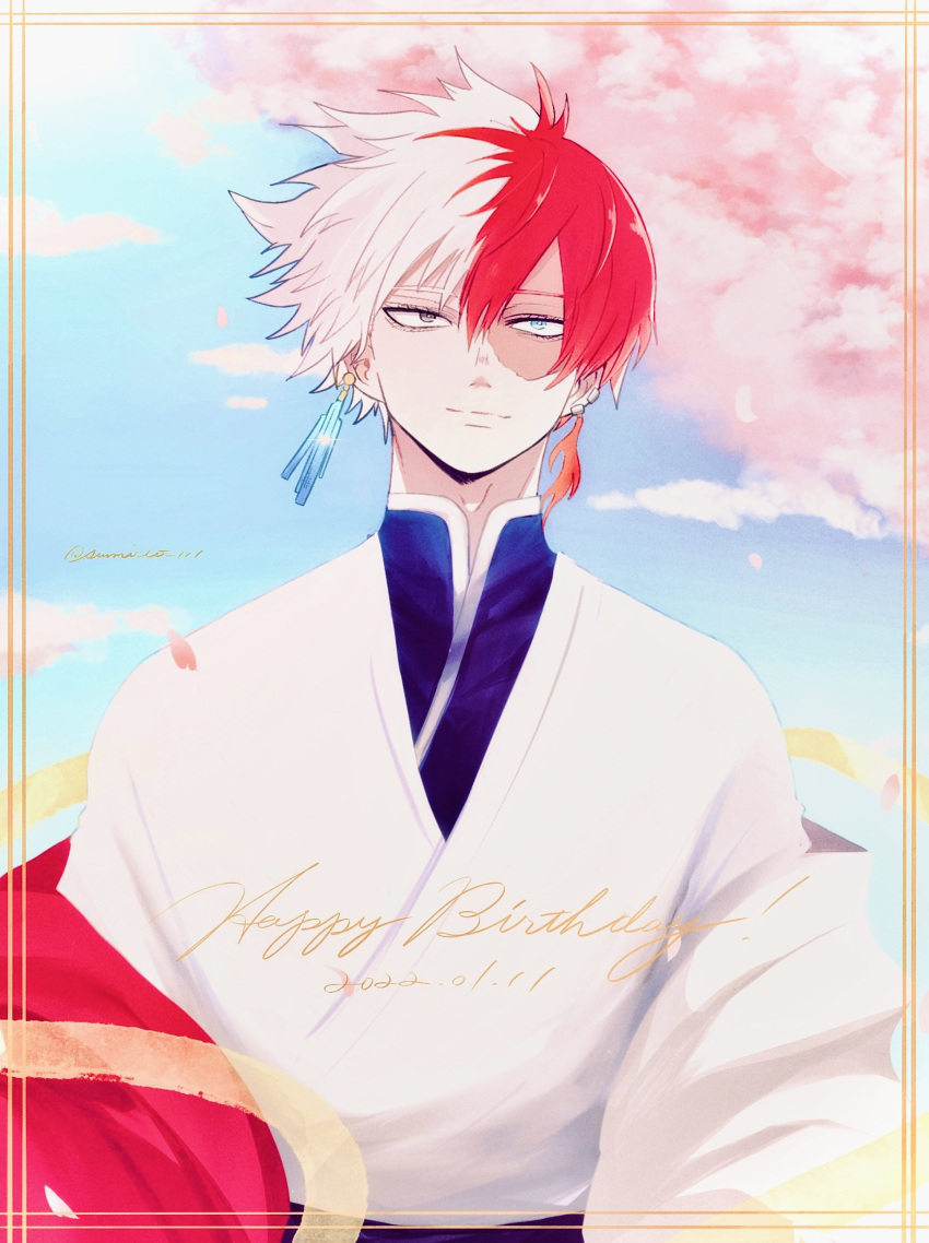 1boy absurdres bangs blue_eyes blue_sky boku_no_hero_academia border burn_scar cherry_blossoms dated day earrings english_text falling_petals flamel_symbol foreground_text hair_between_eyes hair_blowing happy_birthday heterochromia highres ice_crystal jewelry light_smile long_bangs looking_at_viewer male_focus multicolored_hair petals raised_eyebrow red_hair scar scar_on_face short_hair signature sky smile solo split-color_hair sumicco_111 text_focus todoroki_shouto traditional_clothes two-tone_hair upper_body white_hair wind