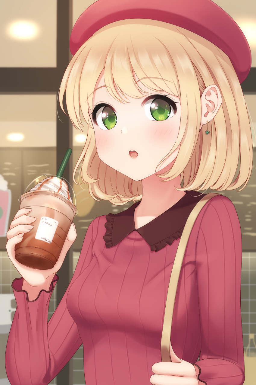 1girl :o absurdres bangs beret blonde_hair blush breasts collared_shirt commentary_request drink drinking_straw earrings eyebrows_visible_through_hair food_request furou green_eyes hand_up hat highres holding holding_drink jewelry knit_(pop'n_music) lipstick long_sleeves looking_at_viewer makeup medium_breasts medium_hair open_mouth original pink_sweater red_headwear ribbed_sweater shirt sidelocks solo sweater teeth upper_body upper_teeth