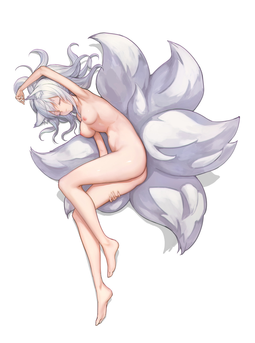 1girl absurdres animal_ear_fluff animal_ears arm_up armpits ass barefoot breasts closed_eyes closed_mouth commentary commission completely_nude dungeon_and_fighter egk513 fox_ears fox_girl fox_tail full_body highres kyuubi long_hair lying medium_breasts multiple_tails navel nipples nude on_side ponytail silver_hair solo tail