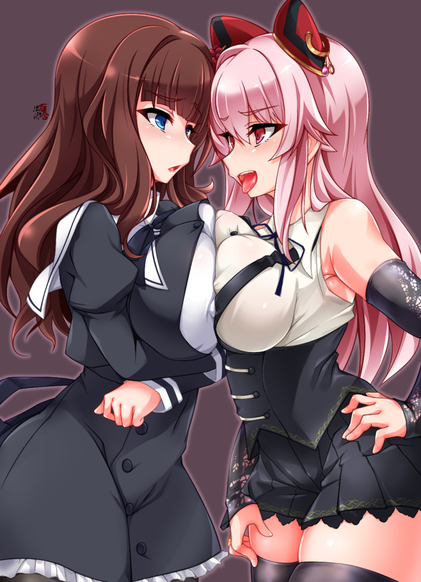 2girls arms_under_breasts artist_logo assault_lily bangs bare_shoulders black_legwear black_ribbon black_skirt blue_eyes blunt_bangs breast_hold breast_press breasts brown_background brown_hair buttons collared_shirt commentary_request corset covered_nipples cowboy_shot cropped_jacket detached_sleeves endou_araya eye_contact eyebrows_visible_through_hair face-to-face fingernails frilled_skirt frills from_side hair_between_eyes hairpods hand_on_hip hand_on_own_thigh high-waist_skirt highres juliet_sleeves kaede_johan_nouvel kemoyuri large_breasts long_hair long_sleeves looking_at_another miniskirt multiple_girls neck_ribbon open_mouth pantyhose parted_lips pink_hair pleated_skirt puffy_sleeves raised_eyebrows red_eyes ribbon school_uniform shirt sidelocks simple_background skirt sleeveless sleeveless_shirt sleeves_past_wrists smile suspenders symmetrical_docking teeth thighhighs tongue tongue_out underbust upper_teeth wavy_hair white_shirt yuri yurigaoka_girls_academy_school_uniform zettai_ryouiki