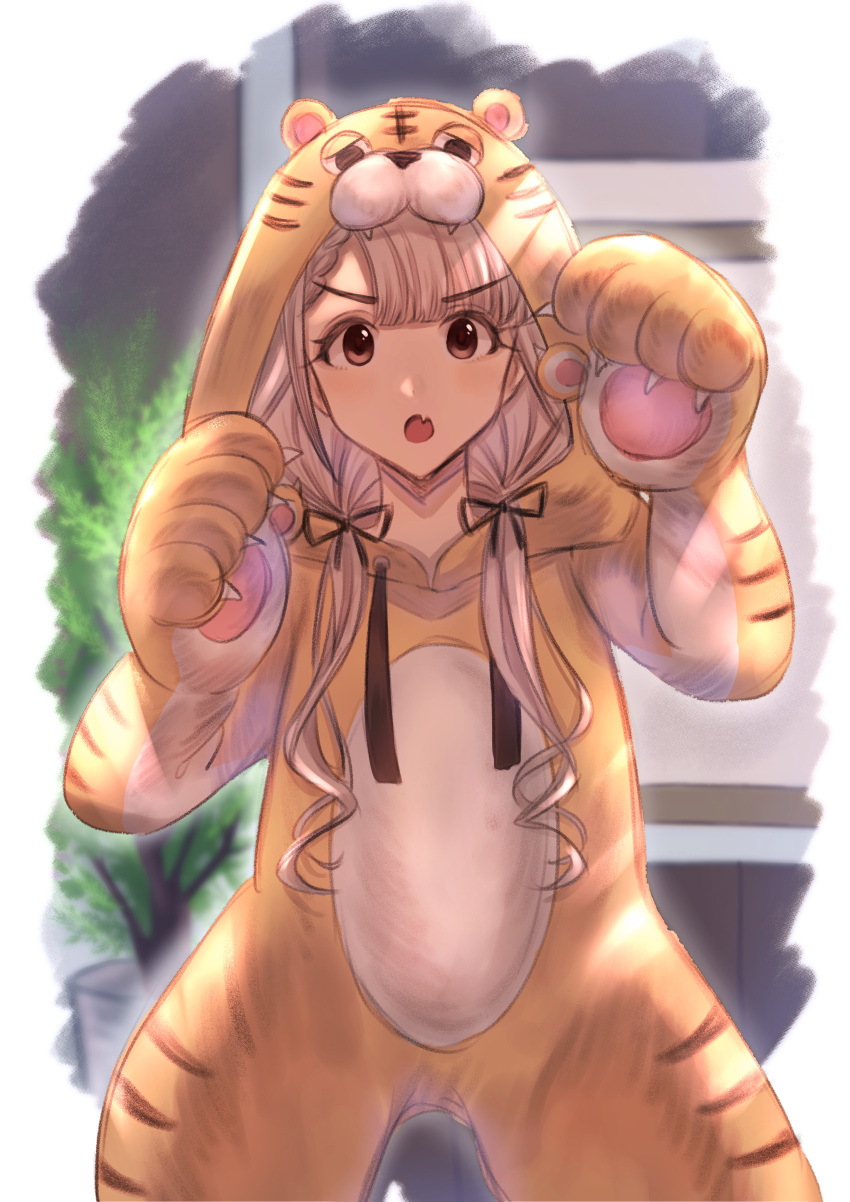 1girl :o absurdres animal_ears animal_hands animal_hood bangs black_bow black_ribbon bow braid brown_eyes chinese_zodiac chishiro_ray claws commentary cowboy_shot eyebrows_visible_through_hair eyelashes fake_animal_ears fang fighting_stance french_braid gloves hair_bow hair_ribbon hands_up highres hisakawa_nagi hood hood_up idolmaster idolmaster_cinderella_girls idolmaster_cinderella_girls_starlight_stage legs_apart long_hair looking_at_viewer low_twintails new_year open_mouth orange_pajamas pajamas paw_gloves plant potted_plant ribbon ringlets silver_hair skin_fang solo tiger_ears tiger_stripes twintails v-shaped_eyebrows very_long_hair whiteboard year_of_the_tiger