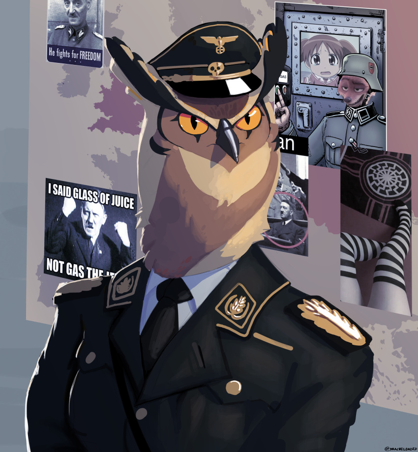 absurd_res adolf_hitler anthro avian based bird clothing dracreloaded english_text german_soldier germany hat headgear headwear hearts_of_iron_4 hi_res male map meme military military_cap military_uniform nazi nazi_uniform owl poster shitpost solo text uniform war world_war_2