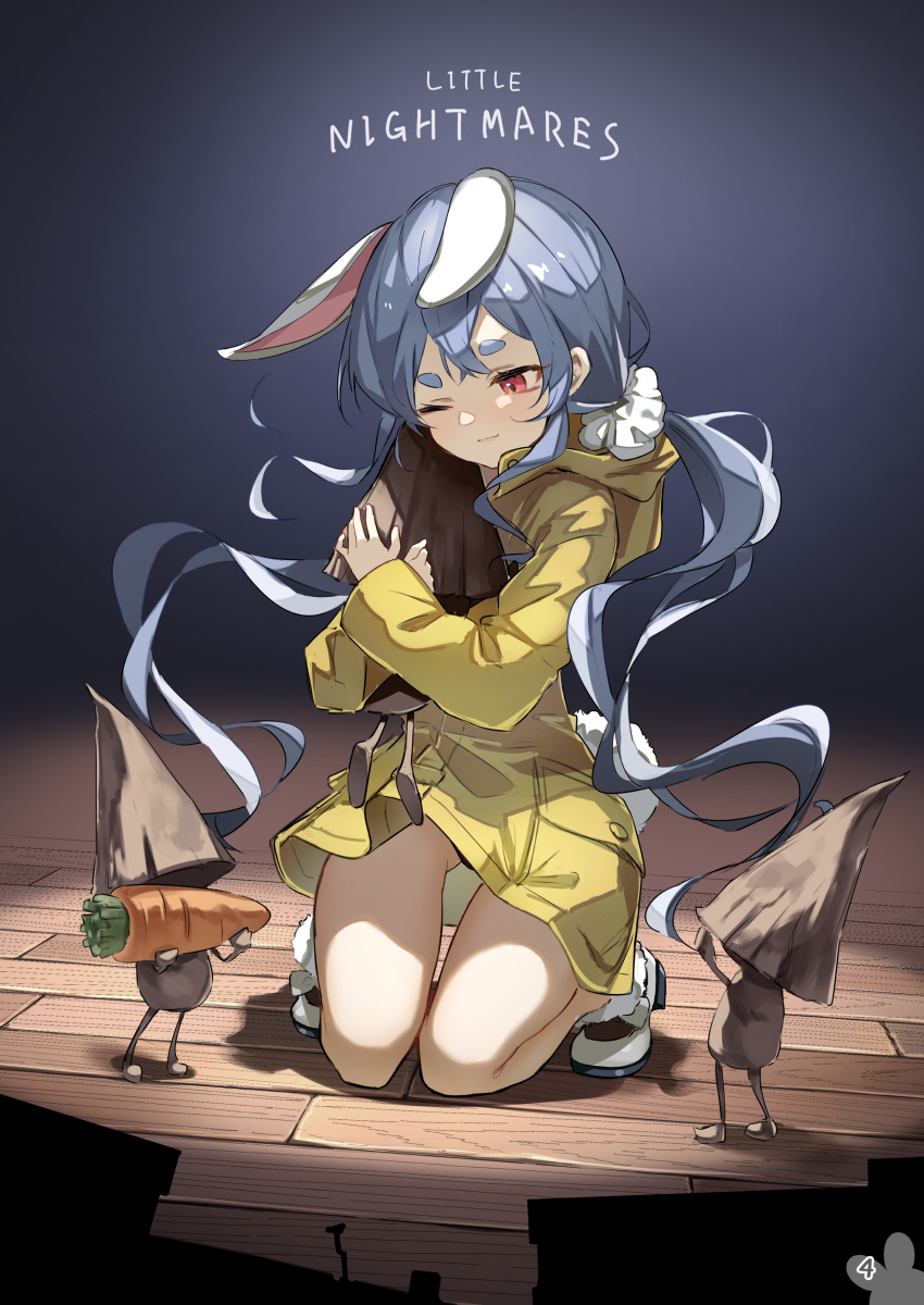 1girl absurdres animal_ears bangs blue_background blue_hair brat carrot closed_mouth cosplay english_text full_body gradient gradient_background highres hololive hood hoodie hug indoors little_nightmares long_hair long_sleeves looking_at_another looking_down nome_(little_nightmares) non-web_source one_eye_closed orange_eyes rabbit_ears rabbit_girl rabbit_tail short_eyebrows six_(little_nightmares) six_(little_nightmares)_(cosplay) smile squatting stage tail thick_eyebrows twintails usada_pekora very_long_hair virtual_youtuber white_footwear wooden_floor yellow_hoodie yellow_raincoat