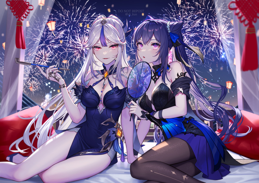 2girls artist_name beads blue_dress blush bow_choker breasts brown_legwear cleavage detached_collar diamond-shaped_pupils diamond_(shape) double_bun dress esukee fireworks gem genshin_impact hair_beads hair_cones hair_ears hair_ornament highres keqing_(genshin_impact) keqing_(opulent_splendor)_(genshin_impact) kiseru legs looking_at_viewer multicolored_clothes multicolored_dress multiple_girls ningguang_(genshin_impact) ningguang_(orchid's_evening_gown)_(genshin_impact) official_alternate_costume official_alternate_hairstyle open_mouth pantyhose parted_lips pipe purple_eyes purple_hair red_eyes sitting symbol-shaped_pupils two-tone_dress vision_(genshin_impact)