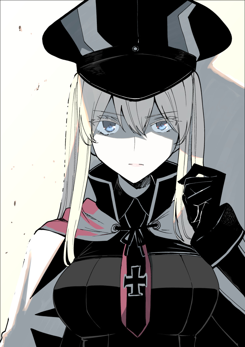 1girl black_gloves black_headwear blonde_hair blue_eyes breasts capelet closed_mouth cross eyebrows_visible_through_hair gloves graf_zeppelin_(kancolle) hair_between_eyes hat highres iron_cross kantai_collection large_breasts long_hair long_sleeves masukuza_j military military_uniform necktie peaked_cap red_necktie shaded_face sidelocks solo twintails uniform upper_body