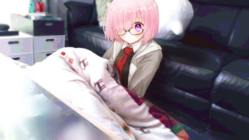 1girl absurdres black-framed_eyewear black_shirt blush fate/grand_order fate_(series) glasses grey_jacket hair_over_one_eye harukappa highres hood hood_down hooded_jacket indoors jacket kotatsu looking_at_viewer mash_kyrielight necktie open_clothes open_jacket pink_hair purple_eyes red_necktie shiny shiny_hair shirt short_hair solo sweatdrop table under_kotatsu under_table upper_body wing_collar