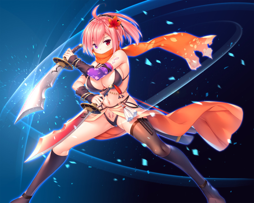 1girl ahoge asymmetrical_legwear asymmetrical_sleeves bikini black_bikini black_legwear black_sleeves breasts cleavage detached_sleeves dual_wielding game_cg heterochromia highleg highleg_bikini highres holding holding_sword holding_weapon kaede_maple ko~cha large_breasts long_hair navel orange_scarf pink_hair ponytail print_sleeves purple_eyes purple_sleeves red_eyes scarf scimitar shiny shiny_hair sideboob single_thighhigh solo standing swimsuit sword thighhighs weapon yuukyuu_no_campanella