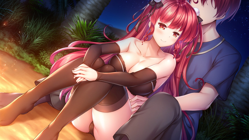 1boy 1girl black_bow black_bra black_legwear black_panties black_sleeves blue_shirt bow bra cameltoe chester_silver chloe_chevalier closed_mouth collarbone couple detached_sleeves dutch_angle game_cg grey_pants hair_bow highres ko~cha long_hair long_sleeves night outdoors palm_tree panties pants red_eyes red_hair shiny shiny_hair shirt short_hair short_sleeves sitting sky smile star_(sky) starry_sky strapless strapless_bra thighhighs tree underwear very_long_hair yuukyuu_no_campanella