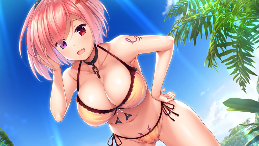 1girl :d bare_arms bare_shoulders bikini black_choker black_ribbon blue_sky breasts choker cleavage collarbone cowboy_shot dutch_angle eyebrows_visible_through_hair eyes_visible_through_hair game_cg hair_ornament hand_in_hair hand_on_hip heterochromia highres kaede_maple ko~cha large_breasts leaning_forward medium_hair navel pink_hair purple_eyes red_eyes ribbon shiny shiny_hair side-tie_bikini sky smile solo standing summer sunlight swimsuit yellow_bikini yuukyuu_no_campanella