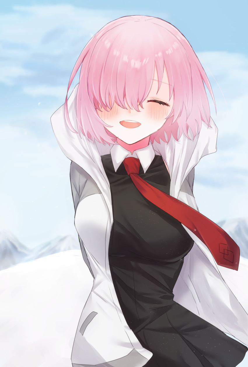 1girl :d arms_behind_back black_dress blush breasts closed_eyes day dress facing_viewer fate/grand_order fate_(series) hair_over_one_eye harukappa highres hood hood_down hooded_jacket jacket large_breasts mash_kyrielight necktie open_clothes open_jacket outdoors pink_hair red_necktie short_dress short_hair smile solo standing white_jacket