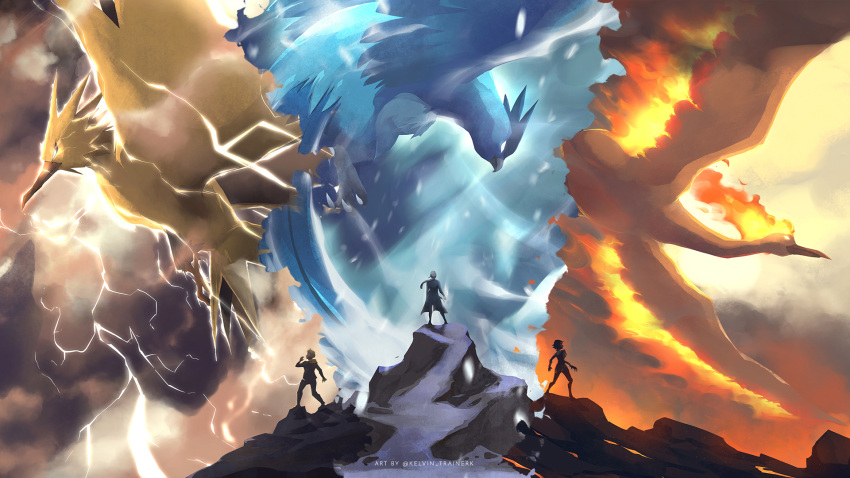 1boy 2girls articuno bird blanche_(pokemon) blonde_hair candela_(pokemon) coat commentary electricity fire highres kelvin-trainerk moltres multiple_girls pokemon pokemon_(creature) pokemon_(game) pokemon_go short_hair snow snowing spark_(pokemon) standing twitter_username zapdos