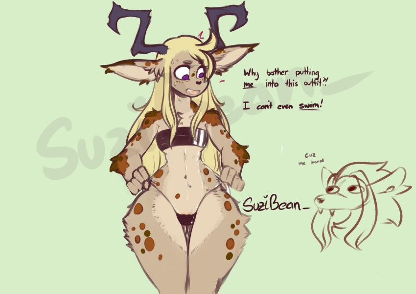 absurd_res anthro antlers blonde_hair brown_body brown_fur clothing fur gris_swimsuit hair hi_res horn jackalope lagomorph leporid long_ears long_hair mammal multicolored_body multicolored_ears multicolored_fur one-piece_swimsuit rabbit spots spotted_body suzibean swimwear tan_body tan_fur tan_spots translucent translucent_clothing translucent_swimwear two_tone_body two_tone_fur