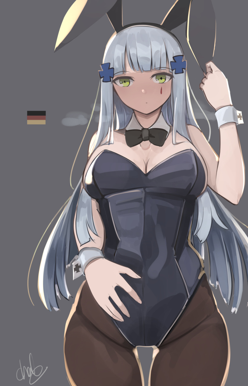 1girl alternate_costume animal_ears artist_name bangs bare_shoulders black_bow black_bowtie black_legwear blue_hair bow bowtie breasts chcn cleavage closed_mouth eyebrows_visible_through_hair fake_animal_ears feet_out_of_frame german_flag girls'_frontline green_eyes grey_background hair_ornament hairclip hand_on_own_stomach highres hk416_(girls'_frontline) long_hair looking_at_viewer medium_breasts pantyhose playboy_bunny solo standing teardrop_facial_mark teardrop_tattoo