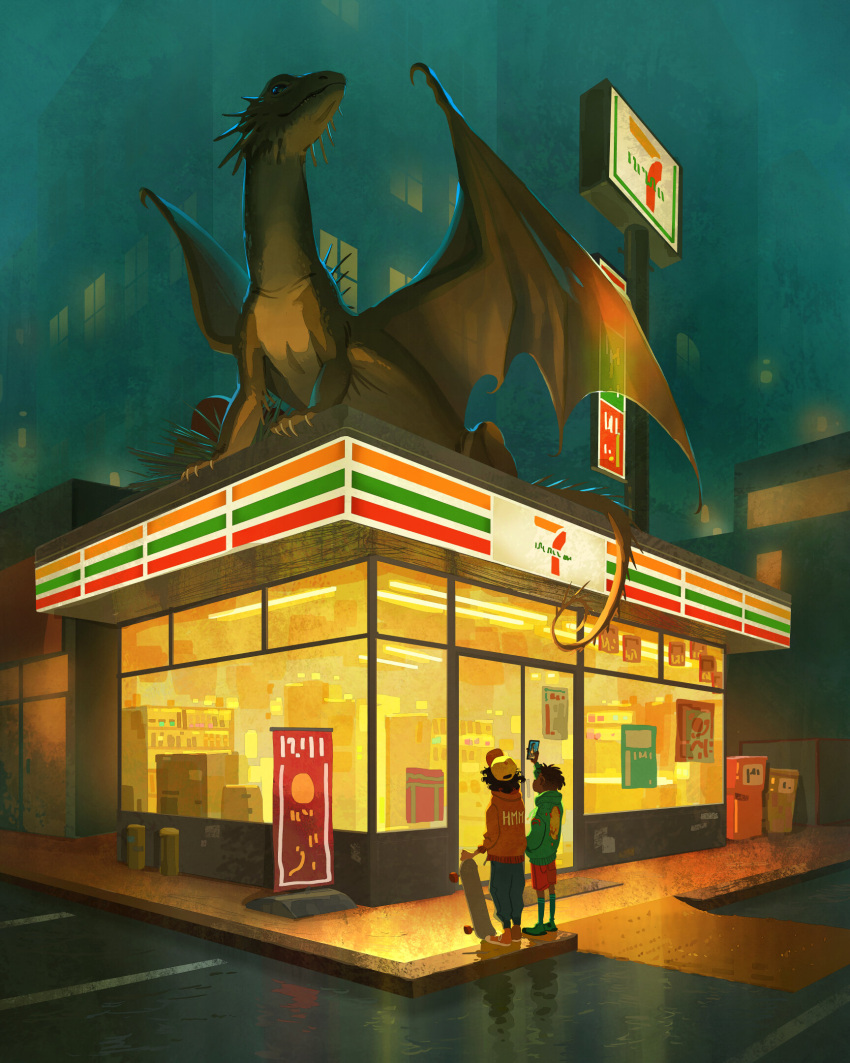 4:5 7-eleven ambiguous_gender black_hair clothed clothing convenience_store detailed_background dragon feral green_body green_scales group hair hi_res human mammal outside quadruped scales skateboard tamberella