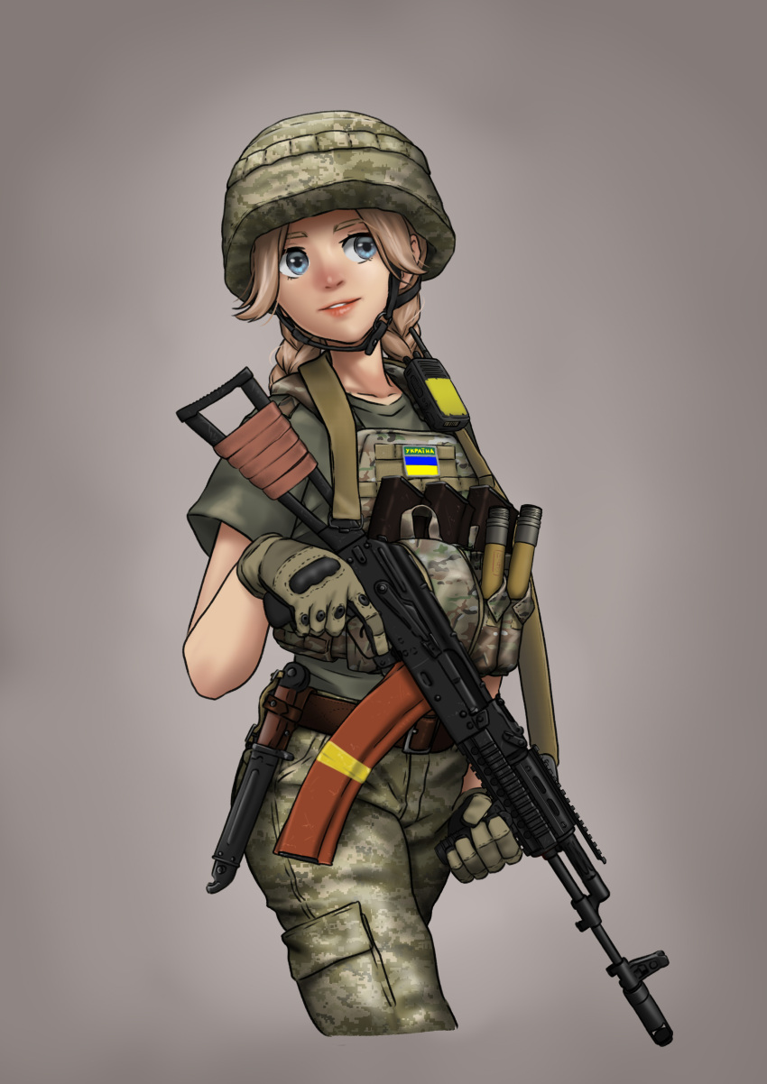 1girl absurdres ak-47 assault_rifle battle_dress_uniform belt blonde_hair blue_eyes brown_belt bulletproof_vest camouflage cargo_pants chin_strap combat_knife flare gloves green_gloves green_pants green_shirt grey_background gun helmet highres kalashnikov_rifle knife knife_holster magazine_(weapon) mardjan military military_uniform original pants rifle shirt short_sleeves solo trigger_discipline ukrainian_flag uniform walkie-talkie weapon