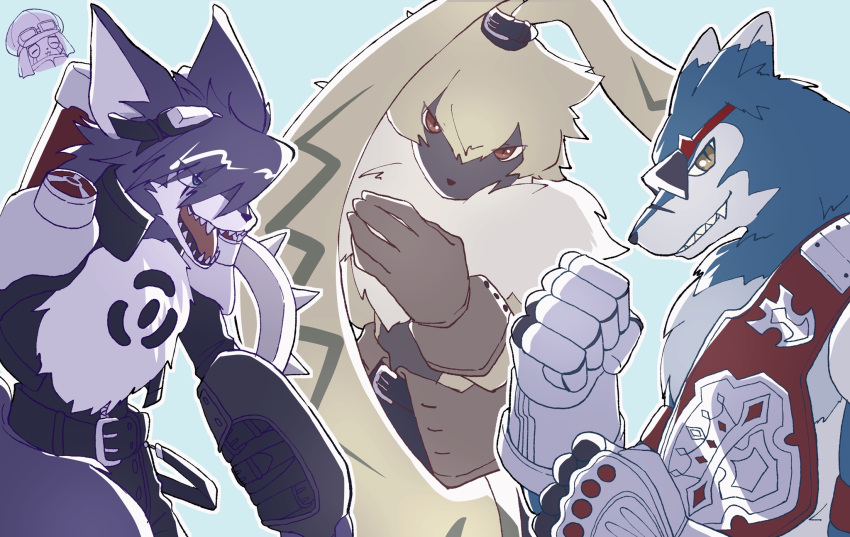 anthro appmon_(species) bandai_namco black_body black_fur blue_body blue_fur canid canine canis championship_belt clothing digimon digimon_(species) digimon_ghost_game digimon_savers eyewear eyewear_on_head fur gloves goggles goggles_on_head group handwear hi_res lagomorph leporid machgaogamon male mammal offmon rabbit shutmon sunglasses symbareangoramon trio unknown_artist wolf yellow_body yellow_fur