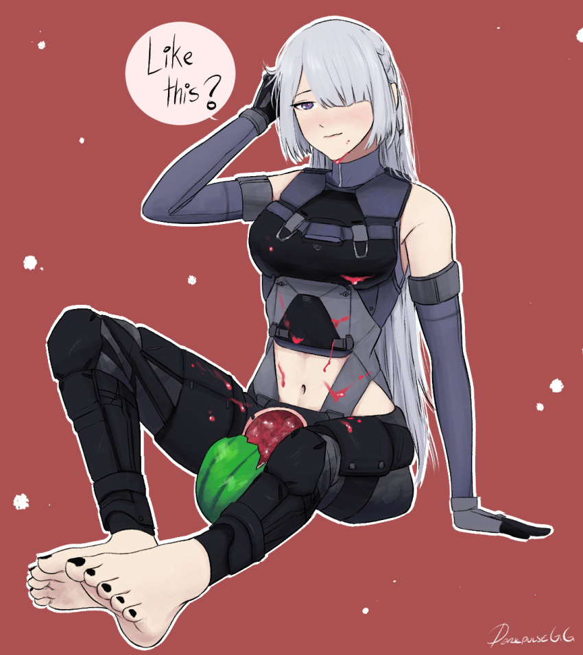 1girl ak-15_(girls'_frontline) artist_name bangs black_gloves black_nails black_pants blush breasts closed_mouth crushed darkpulsegg elbow_gloves english_text eyebrows_visible_through_hair feet food foot_focus fruit full_body girls'_frontline gloves hair_between_eyes hair_over_one_eye hand_in_hair hand_on_floor highres long_bangs long_hair looking_at_viewer medium_breasts nail_polish navel on_floor pants purple_eyes red_background silver_hair solo tactical_clothes toenail_polish toenails toes watermelon