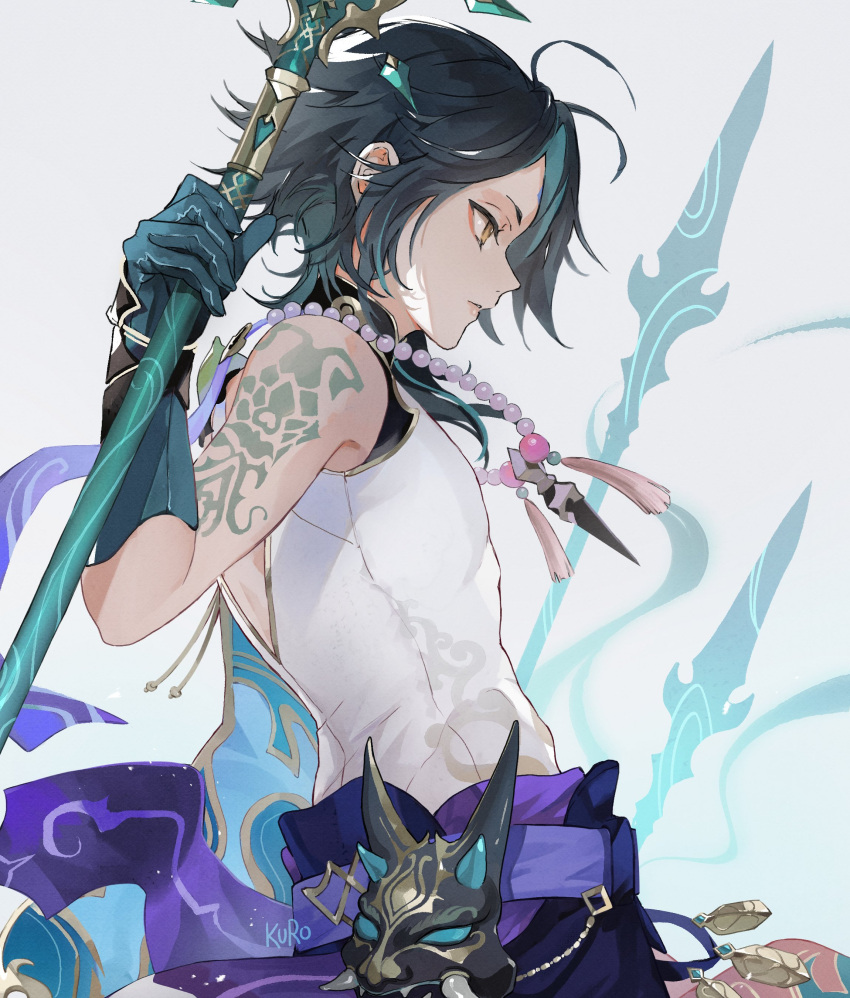 1boy absurdres arm_tattoo closed_mouth commentary eyeshadow facial_mark forehead_mark genshin_impact gloves highres holding holding_polearm holding_weapon jewelry kuroshirox long_hair makeup male_focus multicolored_hair necklace polearm red_eyeshadow simple_background solo spear tattoo toned toned_male two-tone_hair weapon xiao_(genshin_impact) yellow_eyes