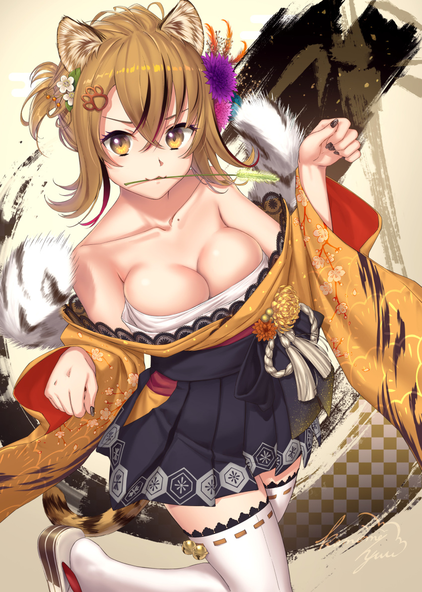 1girl animal_ears bare_shoulders black_skirt blush breasts brown_eyes brown_hair colossus commentary_request flower hair_flower hair_ornament highres kamome_yuu large_breasts looking_at_viewer mole mouth_hold multicolored_hair nail_polish original pleated_skirt short_hair signature skirt solo standing standing_on_one_leg tail thighhighs two-tone_hair white_legwear zettai_ryouiki