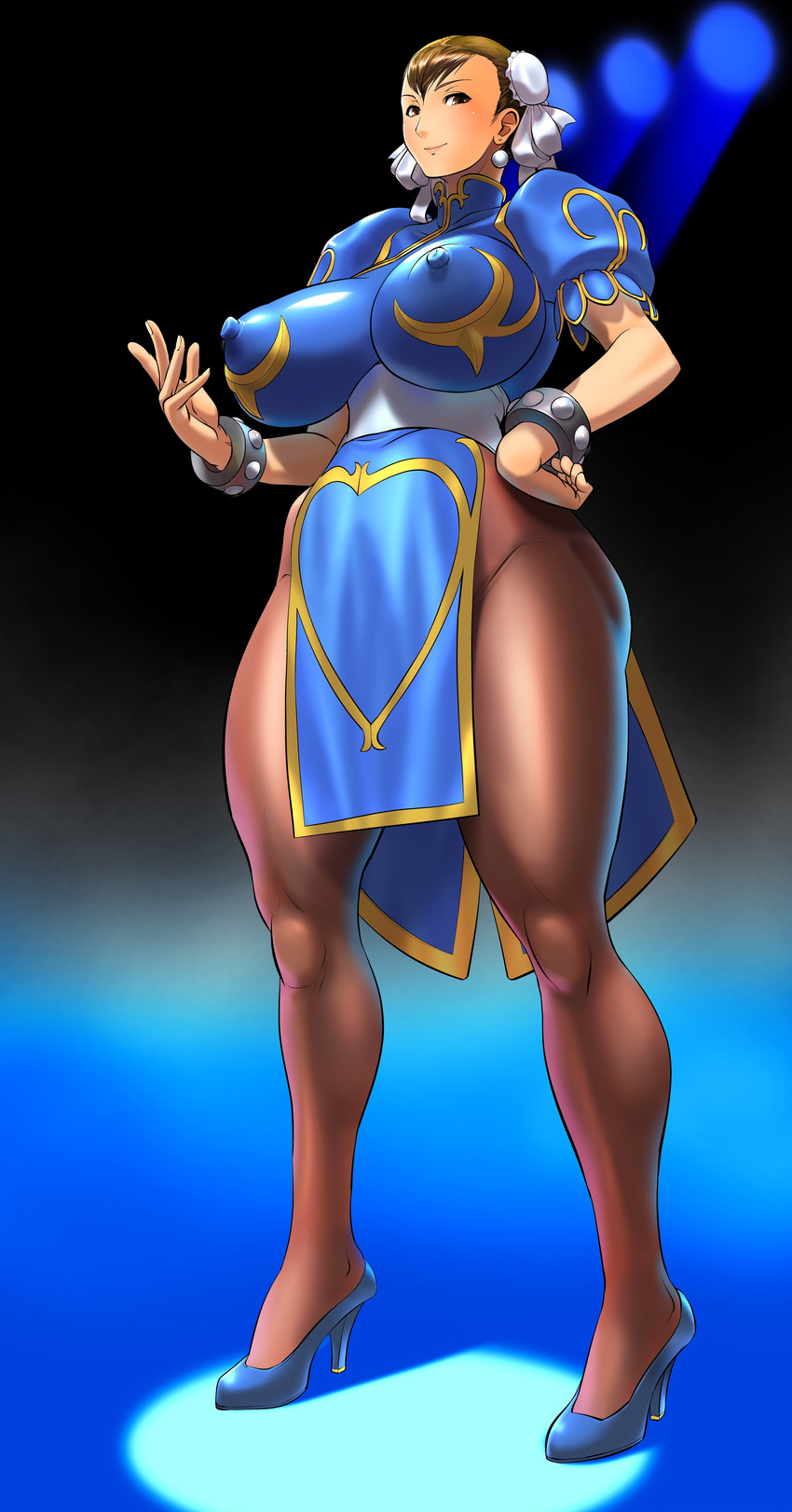 absurdres bracelet breasts brown_eyes brown_hair bun_cover china_dress chinese_clothes chun-li cosine covered_nipples curvy double_bun dress high_heels highres huge_breasts impossible_clothes impossible_shirt jewelry muscle pantyhose pelvic_curtain sash shirt shoes short_hair solo spiked_bracelet spikes street_fighter thick_thighs thighs wide_hips