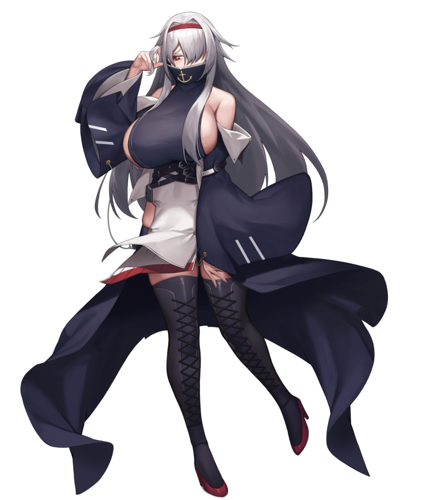 1girl alternate_breast_size anchor_symbol azur_lane bare_shoulders blue_legwear breasts cinko colorado_(azur_lane) covered_mouth detached_sleeves full_body hair_over_one_eye hairband high_heels highres huge_breasts long_hair looking_down no_bra red_eyes red_footwear red_hairband sideboob simple_background solo thighhighs white_background white_hair wide_sleeves