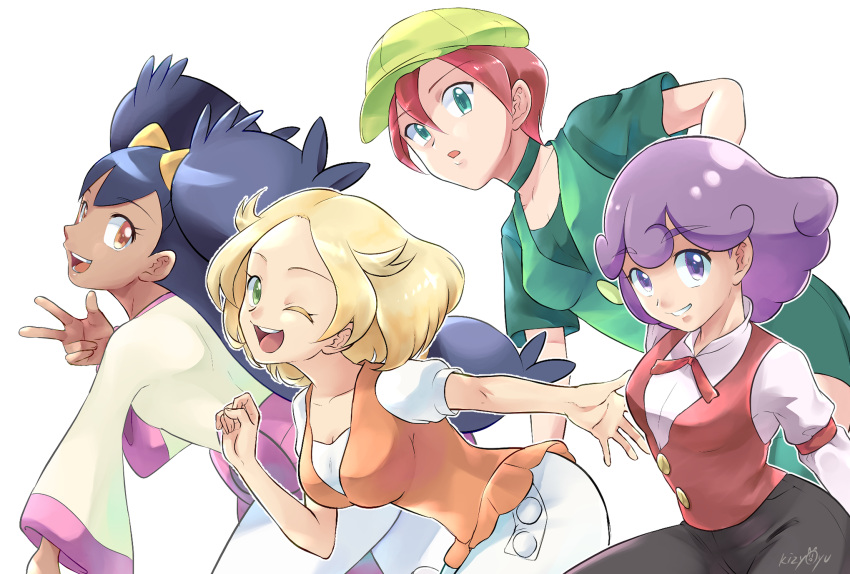 4girls :d bangs bianca_(pokemon) blonde_hair burgundy_(pokemon) commentary_request dress eyebrows_visible_through_hair eyelashes georgia_(pokemon) green_eyes hand_up hat highres iris_(pokemon) kijouyu long_sleeves multiple_girls neck_ribbon open_mouth orange_vest pokemon pokemon_(anime) pokemon_bw_(anime) purple_eyes purple_hair ribbon shiny shiny_hair shirt short_hair short_sleeves smile teeth tied_hair tongue two_side_up vest w white_dress