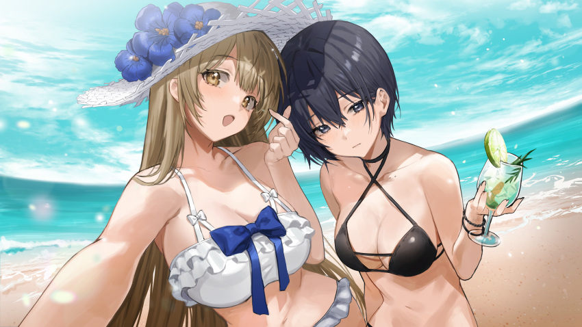 2girls absurdres bangs bare_shoulders beach bikini black_bikini black_eyes black_hair blue_sky blush breasts brown_eyes brown_hair chungu cleavage collarbone cup drinking_glass hat highres large_breasts long_hair looking_at_viewer multiple_girls ocean open_mouth original shore short_hair sky sun_hat swimsuit white_bikini white_headwear