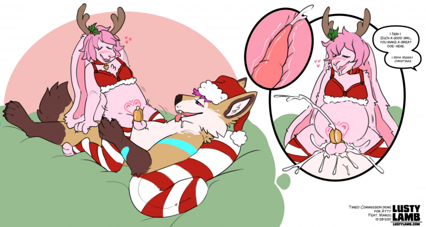 &lt;3 anal anal_knotting anthro atticus_mura blush canid canine chastity_(disambiguation) chastity_cage chastity_device christmas christmas_clothing christmas_headwear christmas_outfit clothing conditional_dnp cum_while_chaste duo festive_clothing fox hat headgear headwear holidays knotting lagomorph legwear leporid lustylamb male male/male mammal pattern_clothing pattern_legwear pattern_thigh_highs rabbit reindeer_headband santa_hat stockings striped_clothing striped_legwear striped_thigh_highs stripes thigh_highs womb_tattoo