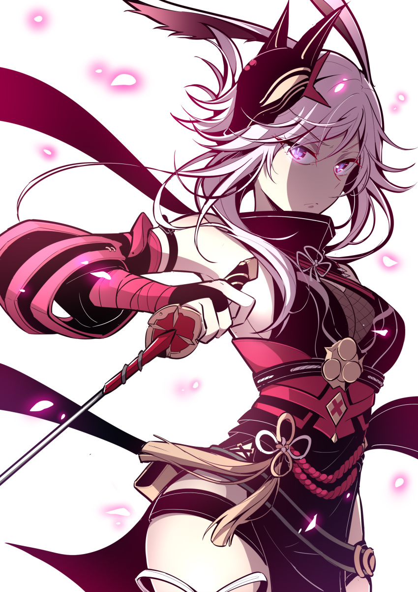 1girl absurdres animal_ears armpits bare_shoulders breasts bridal_gauntlets cleavage closed_mouth commentary_request fei_lio_mao fox_ears fox_mask glowing_petals highres holding holding_sword holding_weapon honkai_(series) honkai_impact_3rd japanese_clothes katana looking_at_viewer mask ninja petals photoshop_(medium) pink_hair purple_eyes sideboob simple_background solo sword weapon white_background yae_kasumi yae_sakura yae_sakura_(darkbolt_jonin)