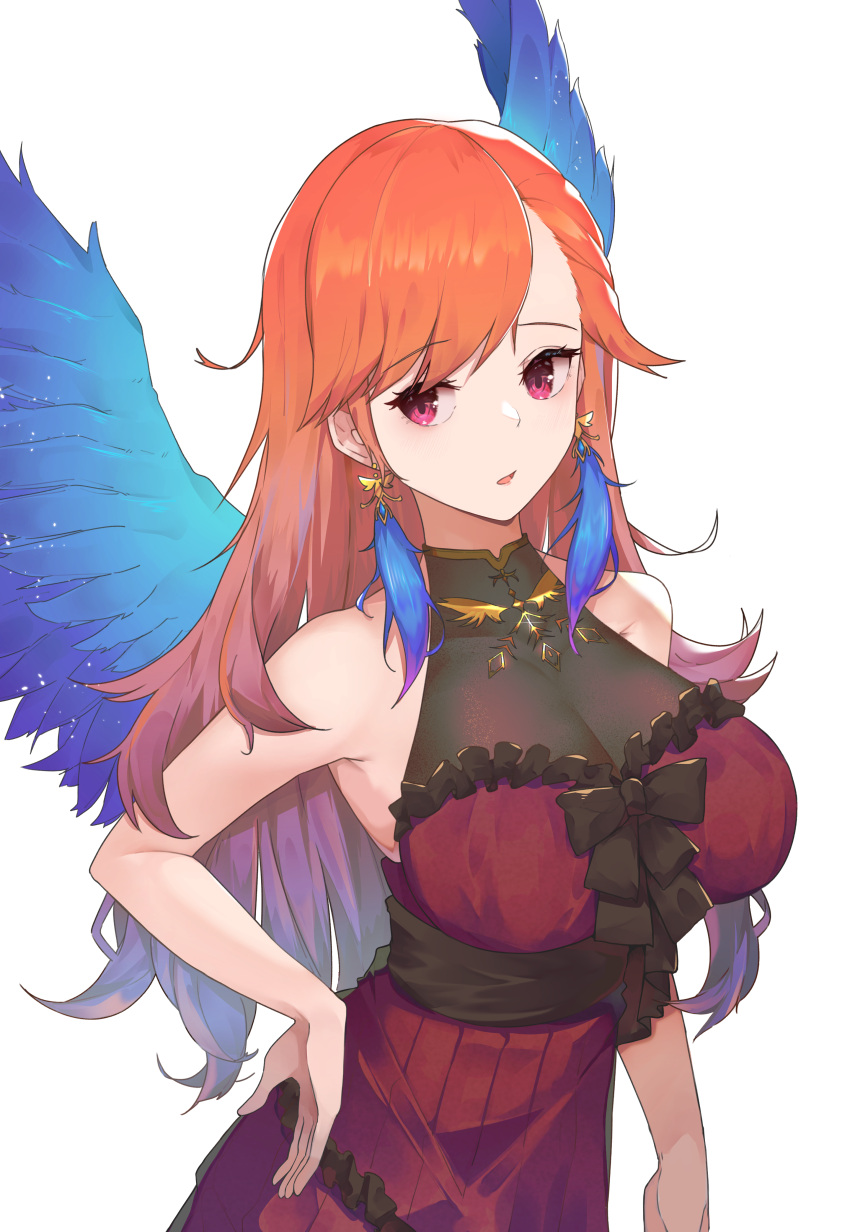 1girl absurdres bangs bare_shoulders black_bow blue_wings bow breasts chirpy cleavage commentary_request dress earrings eyebrows_visible_through_hair eyelashes feather_earrings feathered_wings feathers forehead frills gold_trim hand_on_hip highres hololive hololive_english jewelry large_breasts long_hair looking_to_the_side multicolored_hair open_mouth orange_hair parted_bangs purple_hair red_dress red_eyes simple_background solo takanashi_kiara teeth upper_body upper_teeth virtual_youtuber white_background wings