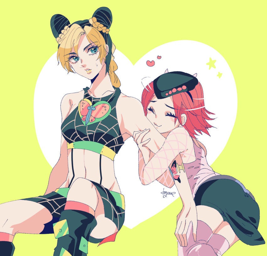 2girls arm_grab black_hair blonde_hair blue_eyes boots braid double_bun fishnet_top fishnets genderswap genderswap_(mtf) hat heart highres jojo_no_kimyou_na_bouken kogatarou kujo_jolyne male_focus midriff miniskirt multicolored_hair multiple_girls narciso_anasui nuzzling ponytail red_hair skirt spider_web_print stone_ocean sweat thigh_boots thighhighs two-tone_hair yellow_lips yuri