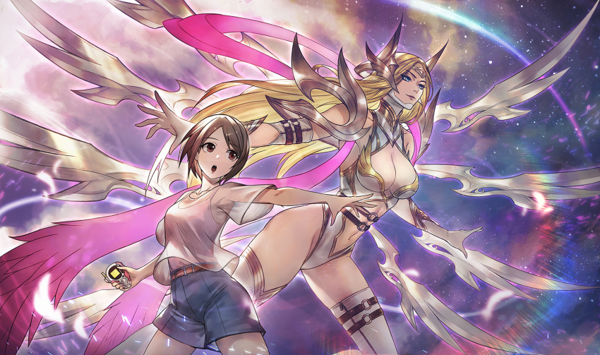2girls :o angewomon arm_belt bangs bare_shoulders belt blonde_hair breasts brown_eyes brown_hair circlet cleavage closed_mouth clothing_cutout collaboration commentary_request commission cowboy_shot denim denim_shorts detached_wings diffraction_spikes digimon digimon_adventure_02 digivice divine_sword_irelia elbow_gloves eyebrows_visible_through_hair fusion gloves groin hair_between_eyes headgear highres holding irelia jun_wei kai_e large_breasts league_of_legends lens_flare leotard long_hair multiple_girls multiple_wings navel navel_cutout open_mouth outstretched_arm shirt short_hair short_sleeves shorts sidelocks skindentation smile space standing stomach t-shirt teeth thigh_strap thighhighs undershirt upper_teeth white_gloves white_legwear white_leotard wings yagami_hikari zipper zipper_pull_tab