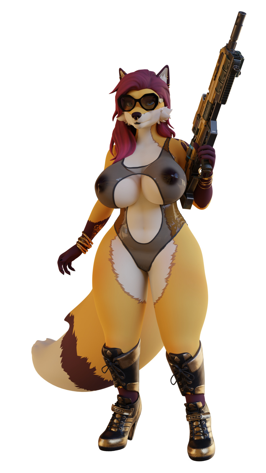 absurd_res anthro basedvulpine canid canine clear_latex clothing curvy_figure ear_piercing eyewear facial_piercing female fox gun hi_res high_heels looking_at_viewer mammal nose_piercing nose_ring piercing ranged_weapon rubber rubber_clothing rubber_suit solo sunglasses translucent translucent_clothing voluptuous weapon