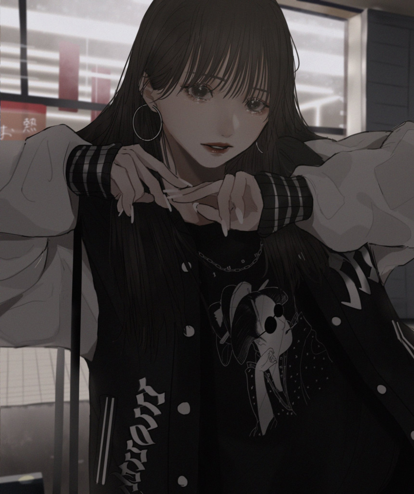 1girl backlighting bangs black_eyes black_hair black_jacket black_shirt earrings head_tilt highres hoop_earrings jacket jewelry leaning_forward letterman_jacket looking_at_viewer mano_aaa original parted_lips shirt smile solo upper_body white_nails