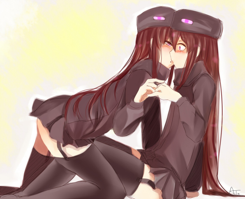 2girls absurdres ander_(at2.) artist_name at2. black_headwear black_legwear black_skirt brown_hair enderman garter_straps hat highres kiss long_hair long_sleeves looking_at_another minecraft multiple_girls personification pleated_skirt purple_eyes selfcest signature skirt thighhighs very_long_hair yuri