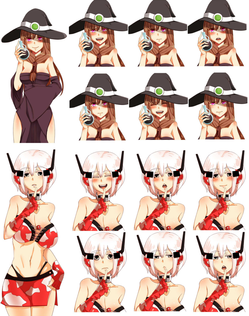 2girls absurdres at2. bare_shoulders black_headwear breasts brown_hair cleavage collarbone expressions eyebrows_visible_through_hair grey_eyes hat highres large_breasts looking_at_viewer minecraft mooshroom multiple_girls personification potion purple_eyes short_hair white_hair witch_(minecraft) witch_hat