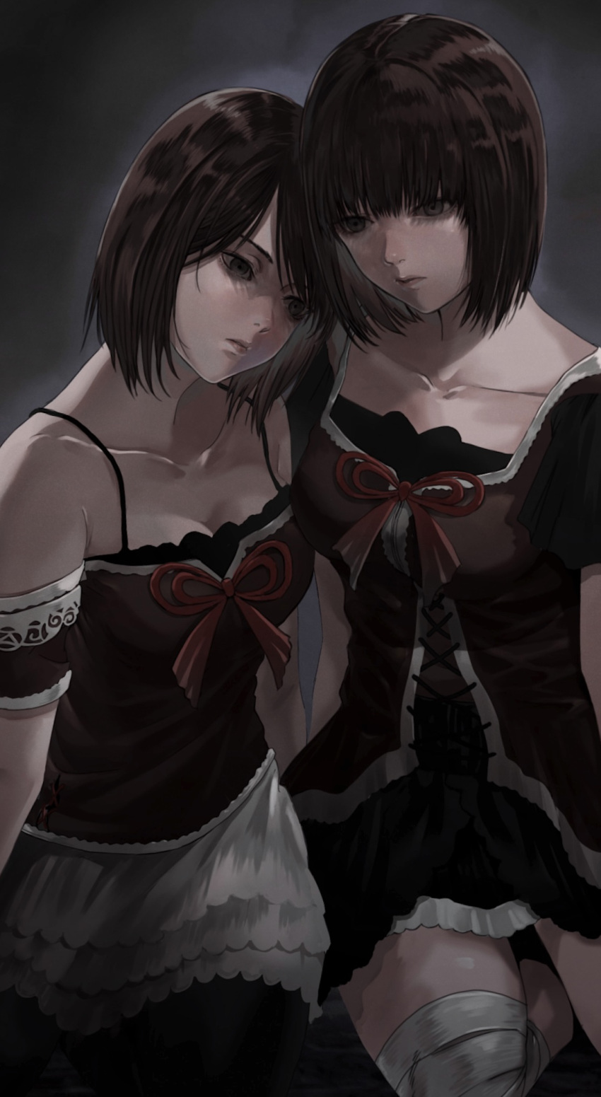 2girls amakura_mayu amakura_mio bandaged_leg bandages bare_shoulders breasts brown_eyes brown_hair candle collarbone fatal_frame fatal_frame_2 feet_out_of_frame gauss_&lt;bokashi highres leaning_on_person multiple_girls ribbon short_hair short_sleeves siblings skirt spaghetti_strap twins