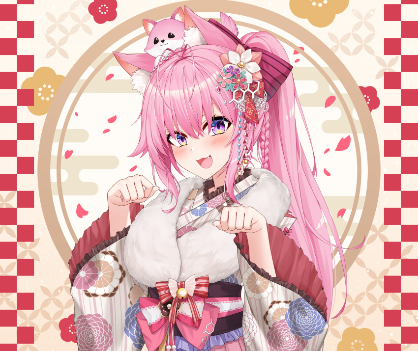 1girl :3 :d absurdres animal_ear_fluff animal_ears animal_on_head bangs blush braid commentary coyote_ears crown_braid fang flower frilled_sleeves frills fur_collar hair_between_eyes hair_flower hair_ornament hakui_koyori healther highres hololive japanese_clothes kimono long_hair looking_at_viewer new_year obi on_head open_mouth paw_pose petals pink_hair ponytail purple_eyes sash smile solo teeth upper_teeth virtual_youtuber wide_sleeves